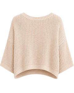 Pull court tricoté beige pour femme, coupe ample, manches courtes, léger et respirant, idéal pour l'été, style décontracté et tendance - Product Image 2