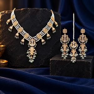 <b>Gold</b> Plated Layered Faux Pearl Necklace Earrings and Maang Tikka <b>Set</b> with Green Beads Bridal Jewelry Factory Wholesale - Product Image 4