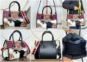 Sac fourre-tout en cuir à carreaux rose et noir, fait main, tendance 2026, sac à main en cuir de vachette de qualité supérieure, sac bandoulière pour femmes - Product Image 3