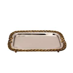 Elegante Bandeja Rectangular Plateada con Detalles Dorados para Servir, Ideal para la Presentación de Mesa en Hogares, Hoteles y Restaurantes de Lujo - Product Image 1