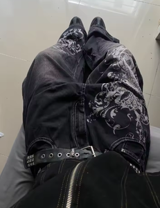 Jean décontracté noir délavé à grandes imprimées style Harajuku pour homme, coupe droite taille haute, jambe large, style Y2K Dark Rock Hip Hop Joker - Product Image 3