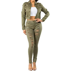 Conjunto de Chaqueta Vaquera Verde Oliva y Jeans Ajustados para Mujer, Rotos, Desgastados, de Algodón y Poliéster, Estilo Casual para Otoño - Product Image 1