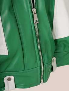 Veste décontractée pour homme en cuir véritable vert respirant, avec blocs de couleur, col rabattable, fermeture éclair, longueur et manches standard - Product Image 5
