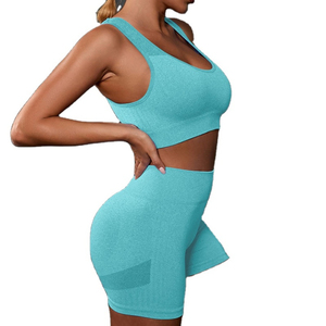 Ensemble de sport 2 pièces pour femme en nylon et élasthanne sans couture, soutien-gorge de sport et short de yoga, haute qualité, personnalisé, vente en gros - Product Image 3