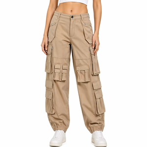 Pantalones Cargo Beige Multibolsillos para Mujer, Cintura Alta, Corte Relajado, Estilo Jogger Ajustado, Mezcla de Algodón - Product Image 1