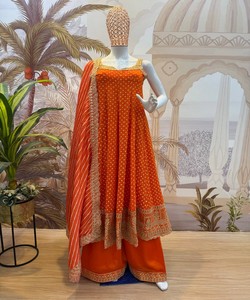 Costume Anarkali vintage en soie orange avec dupatta, tenue de mariage indienne traditionnelle pour femmes, longueur normale, coupe normale 86088 RR-46 - Product Image 3