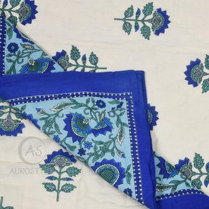 Couvre-lit matelassé léger toutes saisons en coton brodé traditionnel de Jaipur, motif floral bleu, bordure (Rajai) - Product Image 4