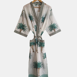 Robe kimono en coton faite à la main pour femmes, imprimé palmiers, passepoil contrastant, poches avant, tenue de plage, robe de détente - Product Image 1