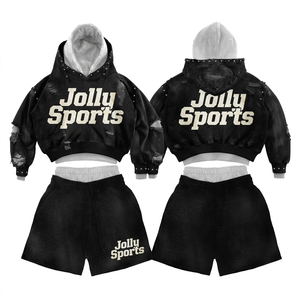 Conjunto de Sudadera Corta y Pantalones Cortos para Mujer, 320 GSM, Felpa de Algodón Premium, Negro, Lavado Ácido, Paneles Desgastados, Logotipo con Estampado Puff - Product Image 1