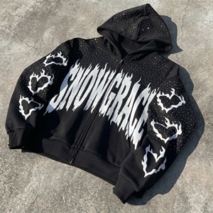Snowgrace Hooded <b>Sweatshirt</b> Black Flame <b>Heart</b> Print Zipper Front Oversized Fit Men Streetwear Winter Knitted Cotton - Product Image 5