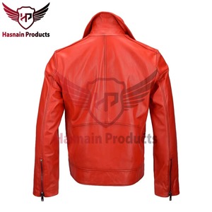 Veste en cuir véritable rouge pour homme, style motard asymétrique, en cuir de vachette, col à revers, poches zippées classiques, vêtement d'extérieur personnalisé pour l'hiver - Product Image 6