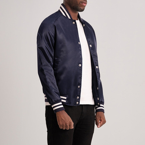 Men's Classic Navy Blue Satin Varsity <b>Jacket</b> Snap Button Shiny Silk Baseball Bomber <b>Jacket</b> Lightweight Casual Slim Fit Outerwear - Product Image 2