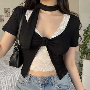 เสื้อแฟชั่นผู้หญิงสุดฮิต คอลเลคชั่นเสื้อสายเดี่ยวสไตล์เกาหลี ลายจุด แขนพอง แต่งลูกไม้ ผูกโบว์ด้านหน้า แขนสั้น ผ้าถัก - Product Image 2
