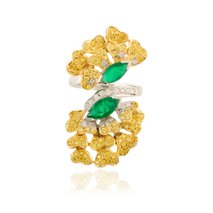 14K White <b>Gold</b> Art Deco Emerald and Yellow Diamond <b>Cocktail</b> <b>Ring</b> - Product Image 2