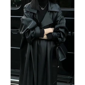 Manteau long en cuir PU pour femme, coupe-vent, col rabattu, coupe ample, noir uni, simple boutonnage, idéal pour l'automne - Product Image 4