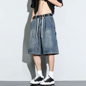 Pantalones Cortos de Mezclilla para Hombre, Estilo Verano, Holgados, Vintage, Harajuku, con Costuras, Hip Hop, Cargo, Moto, Casuales, Streetwear, Moda - Product Image 1