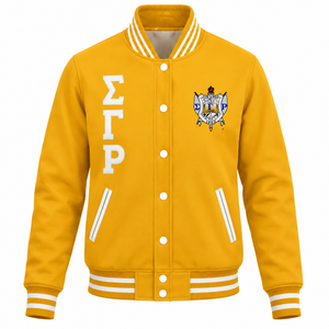 Custom Yellow Gold Varsity Letterman Jacket with <b>White</b> Striped Rib Collar Snap <b>Buttons</b> and Embroidered Greek Crest Logo Apparel. - Product Image 1