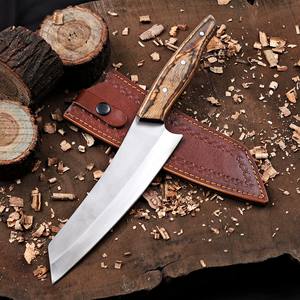 Cuchillo de Chef de Acero Inoxidable Estilo Japonés Forjado a Mano con Mango de Madera Pakka y Funda de Cuero, Espiga Completa, OEM Personalizado - Product Image 1
