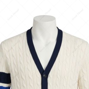Cardigan en tricot torsadé personnalisé pour arbitre, col en V, style vintage crème, universitaire, pour équipes sportives, avec rayures sur les manches - Product Image 5