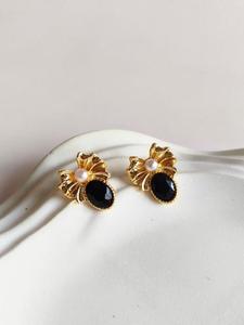 New Arrival Gold Plated Bow <b>Stud</b> Earrings with Black Teardrop Stone & Pearl Anti Tarnish Accent Wedding Daily Wear By Exima - Product Image 3