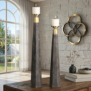 Juego de Portavelas Altos de Hormigón y Metal Dorado de Estilo Moderno, Diseño Industrial Chic para Decoración de Lujo, Calidad Premium - Product Image 1