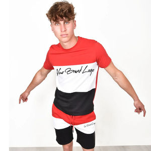 Men's Red White And Black Color Block T-Shirt And Shorts <b>Set</b> Two Piece Crewneck Tee With Matching Shorts Casual Activewear - Product Image 5