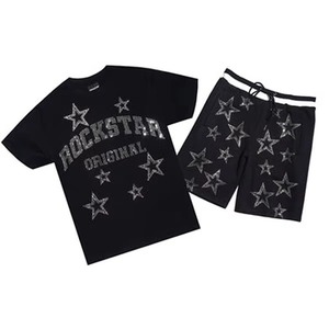 Ensemble T-shirt et short en coton délavé style streetwear vintage avec strass, faible MOQ, pour hommes - Product Image 1