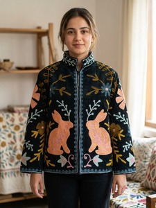 <b>Velvet</b> Embroidered Stand Collar Full Sleeve Bomber <b>Jacket</b> for <b>Women</b> Eco-Friendly Breathable All Season Outerwear - Product Image 4