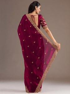 Sari en Georgette Bourgogne Brodé avec Bordure en Dentelle à Paillettes, Robe Traditionnelle pour Femme pour Mariage, Fête, Festival - Product Image 3