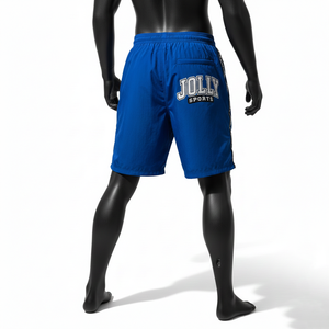 Shorts coupe-vent légers en polyester 120 GSM, bleu, avec empiècements latéraux contrastés, broderie, appliqué, logo personnalisé, pour homme - Product Image 3