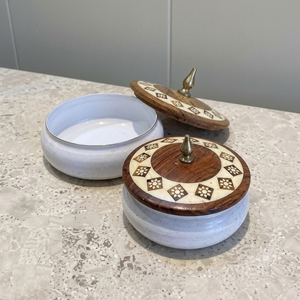 Luxury Metal <b>Serving</b> <b>Dish</b> With Bone Inlay Wooden Lid. Multi-Purpose Bowl For Sweets, Nuts & Spices. Artisan Handcrafted Quality - Product Image 2