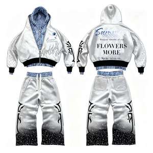 Six Trend Sports Men's Winter Streetwear OEM Custom Acid Wash Rhinestone Jogger Sweatsuit Cropped Distressed Embroidery <b>Set</b> - Product Image 4