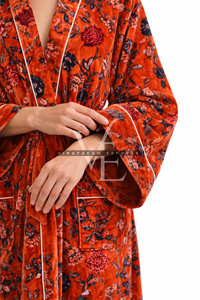 ชุดกิโมโนกำมะหยี่สีส้มไหม้ลายดอกไม้สุดหรูสำหรับผู้หญิง งานแฮนด์เมด ชุดคลุมลำลองสำหรับใส่ตอนเช้าช่วงฤดูร้อน คอวี - Product Image 3