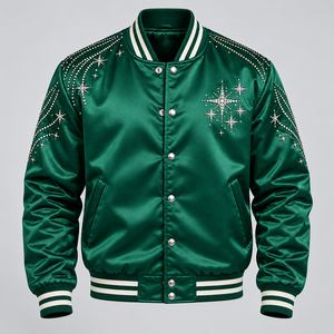Stylish Crystal Rhinestone Satin Jacket Luxury <b>Star</b> Embellished Varsity Bomber Coat with Shiny <b>Fabric</b> for Fashion Streetwear Out - Product Image 1