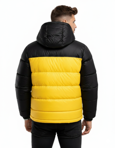 Veste matelassée à capuche bicolore pour homme, légère et chaude pour l'hiver, avec fermeture éclair, coupe-vent décontractée pour l'extérieur, noir et jaune - Product Image 5