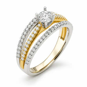 Anillo de compromiso de lujo con diamantes de varias filas, piedra central certificada IGI, banda dividida de oro bicolor con pavé, OEM ODM, para aniversario o fiesta - Product Image 1