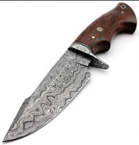 Cuchillo utilitario de hoja fija de acero de Damasco OEM hecho a mano con punta de gota, mango de madera de nogal natural y protector integrado, herramienta para rebanar - Product Image 4