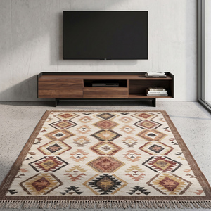 Alfombra Moderna de Yute Hecha a Mano con Diseño Geométrico, Color Crema Marrón Multicolor, Patrón Tribal, Borde Decorativo con Flecos, Antideslizante - Product Image 1