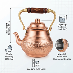 Samovar traditionnel en cuivre gravé à la main avec poignée en bois sculpté, vente en gros, théière de luxe pour la maison et les restaurants - Product Image 5