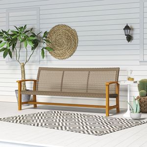 3 Seat Wicker Outdoor Patio <b>Sofa</b> Acacia Wood Furniture with Steel Armrests 1000 LBS Capacity Teak <b>Waterproof</b> Cushion - Product Image 2