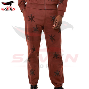 Wholesale Streetwear Full Zip Rhinestone Tracksuit Men Custom Fleece Hooded <b>Jogger</b> Pants Set <b>Brown</b> Rhinestone Tracksuits - Product Image 4