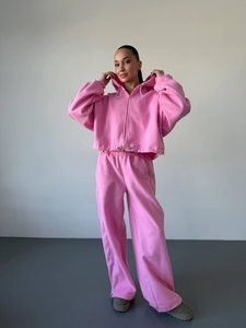Conjunto Deportivo Unisex Rosa con Capucha, Corte Holgado, Estilo Urbano, Color Sólido, Cordón Ajustable, Bolsillos Laterales, Ropa de Otoño - Product Image 1
