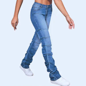 Jeans pour femmes à taille haute, logo personnalisé OEM, mode, grande taille, respirant, confortable, coupe slim, pantalon pour filles - Product Image 4