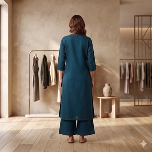 Ensemble Kurta d'été en popeline de coton brodé bleu sarcelle pour femme de Rama |   Tenue ethnique traditionnelle élégante pour les fêtes et les occasions spéciales - Product Image 6