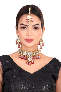 Indian Classic Choker Set Traditional Zircon Gold Plated Crystal Kundan Faux Pearl Wedding Party Necklace Earrings Alloy High - Product Image 3