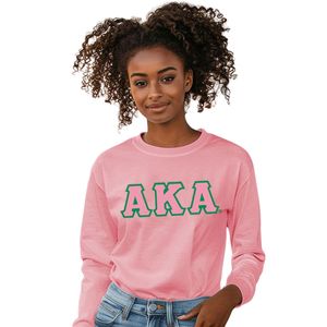 T-shirt à manches longues AKA pour femme, chemise rose Ivy Apparel avec blason brodé et lettres grecques, haut de sororité AKA - Product Image 1