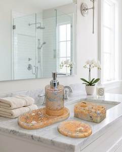 Resin <b>Bathroom</b> <b>Accessories</b> <b>Set</b> Marble Look Soap Dispenser Toothbrush Holder Soap Dish Vanity Organizer <b>Set</b> for Hotel Home Decor - Product Image 3