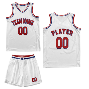 Conjunto de Uniforme de Baloncesto Retro Personalizado en Blanco con Cuello Rojo y Azul, Jersey y Pantalones Cortos a Juego, Nombre y Número del Equipo - Product Image 2