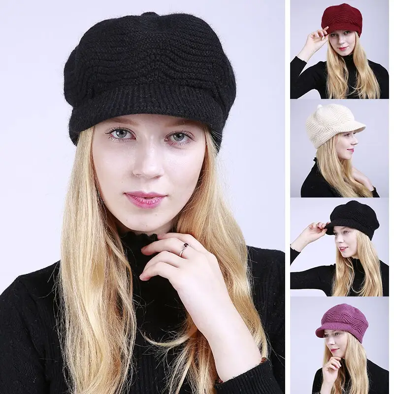 Women Winter Warm Knitted Hat Double Layer Thickened Lining Duck Tongue Hat Soft Woolen Octagonal Hat