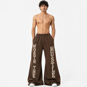 <b>Men</b> Wide Flared Leg Sweat Pants Customized Distressed Embroidery Heavyweight <b>Trousers</b> <b>Men</b> <b>Elastic</b> Waist 480 GSM Terry Sweat Pant - Product Image 1
